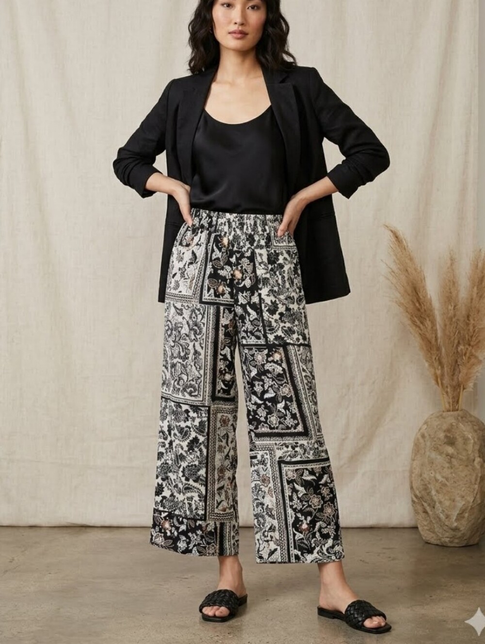Tahari Linen Blend Palazzo Patchwork Scarf Pants Wide Leg Floral Boho M